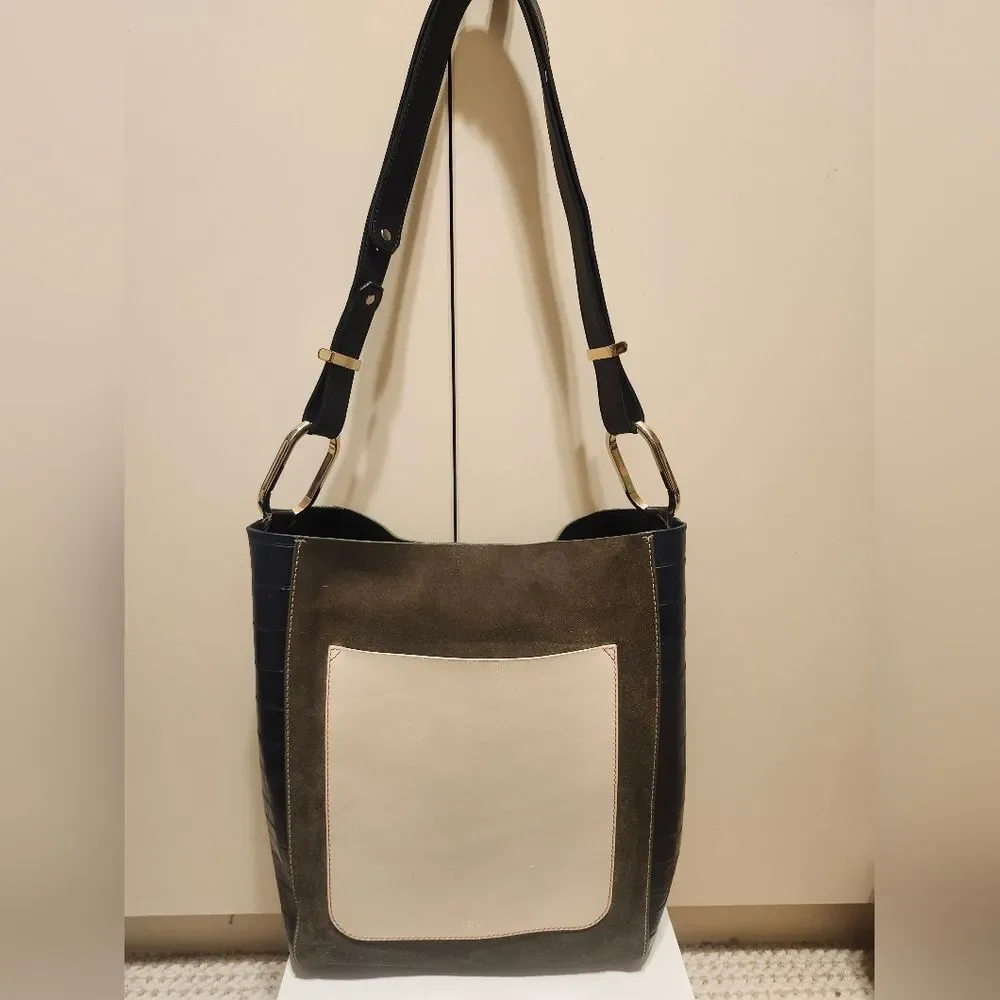 Jason Wu “Mixed Media” Navy Croc Leather Olive Suede Structured Tote Ret.$1495
